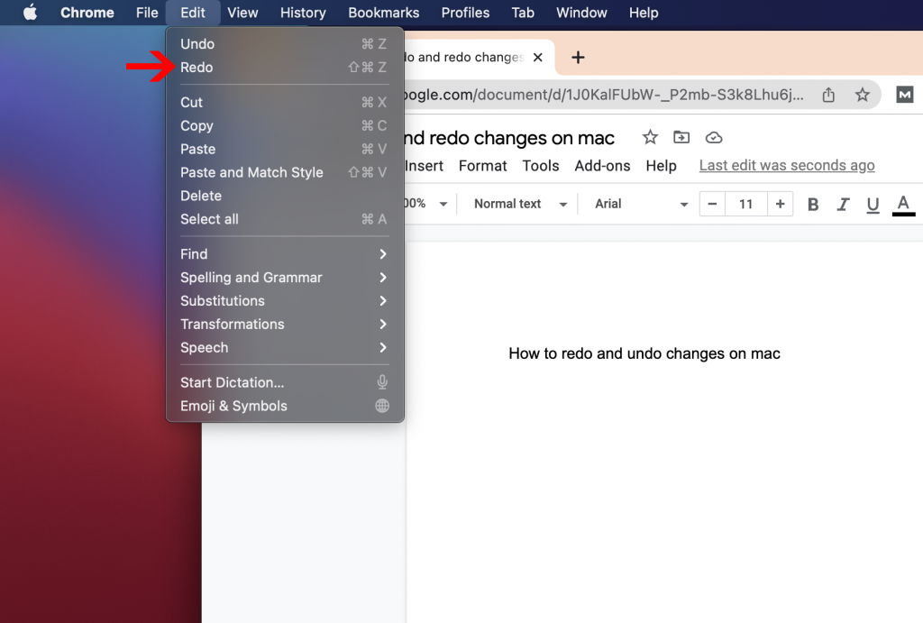 How to redo changes on macbook using menu bar