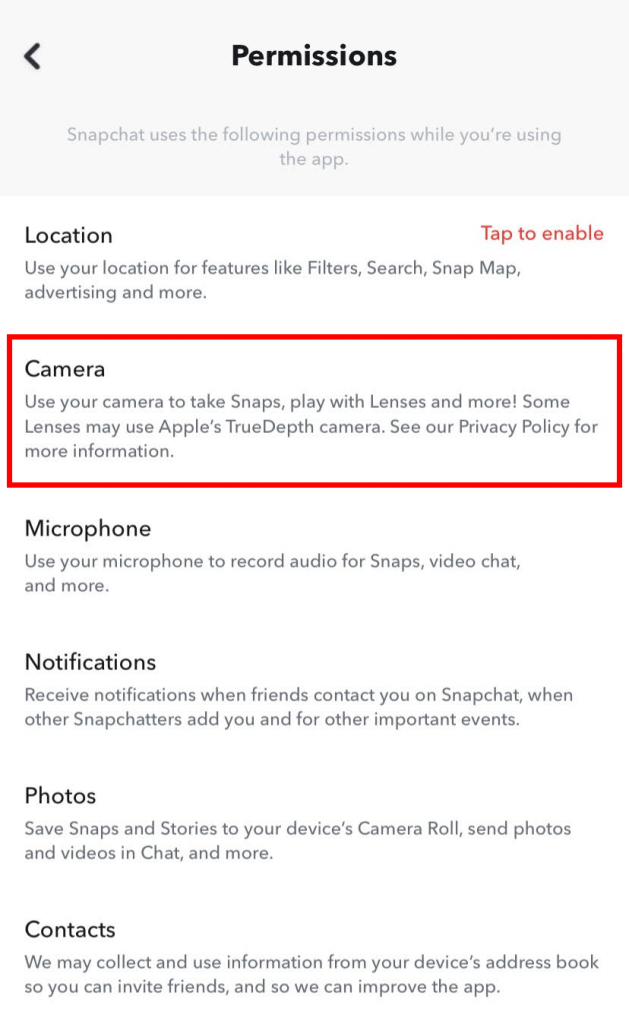 Enable camera access on snapchat