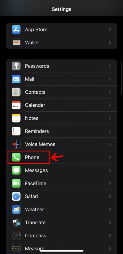 Phone settings iPhone